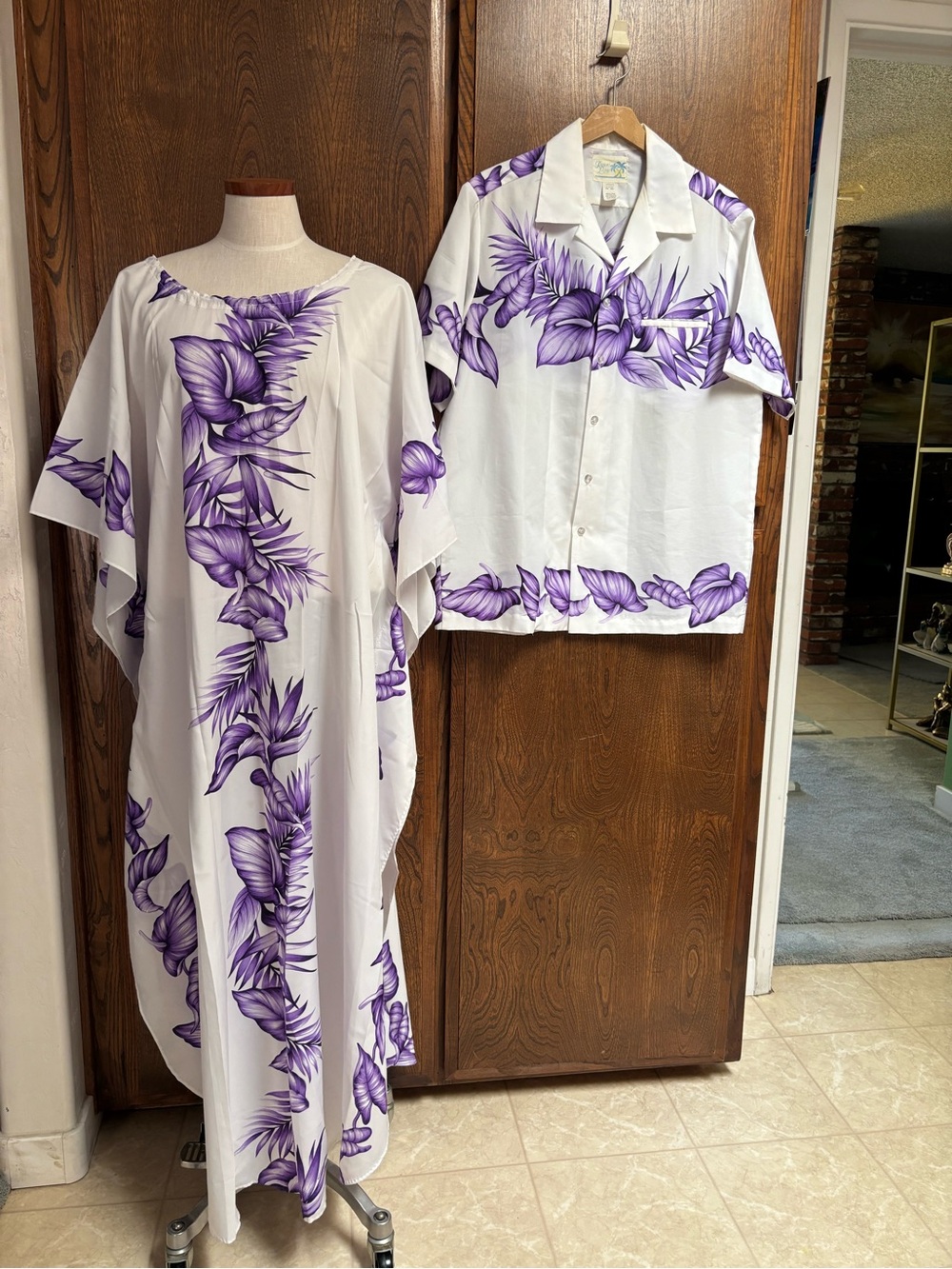 Honeymoon set. White Maxi Dress with Purple Floral Print - Women's Caftan Maxi
